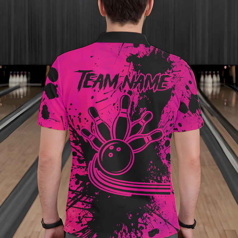 Black and Pink Mens Bowling Polo, Quarter Zip Shirts Custom Bowling Team League Jerseys NQS9570