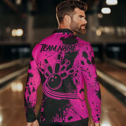 Black and Pink Mens Bowling Polo, Quarter Zip Shirts Custom Bowling Team League Jerseys NQS9570