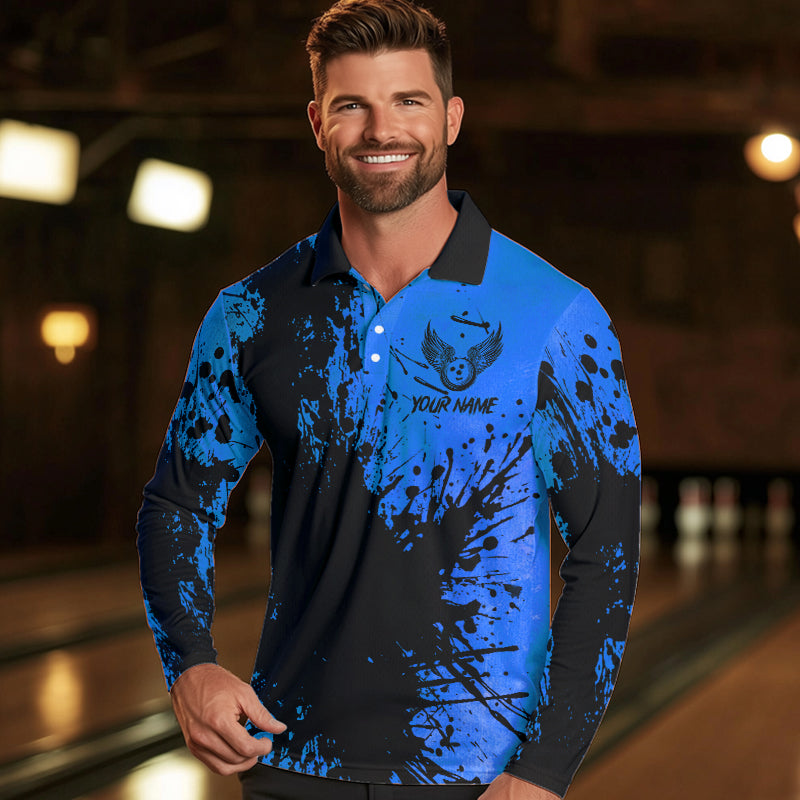 Black and Blue Mens Bowling Polo, Quarter Zip Shirts Custom Bowling Team League Jerseys NQS9571