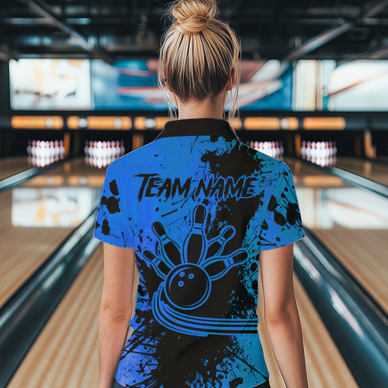 Black and Blue Womens Bowling Polo, Quarter Zip Shirts Custom Bowling Team League Jerseys NQS9571