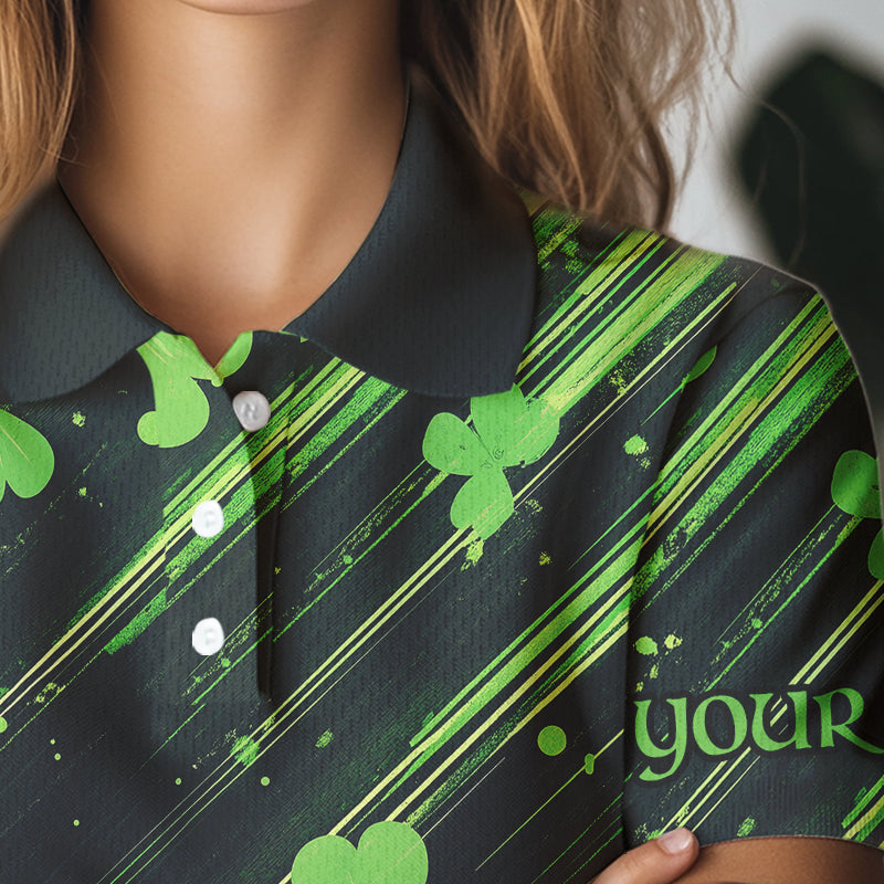 Personalized Black & Green Clover pattern Women golf polo shirt Custom St Patrick Day ladies golf wear NQS9574