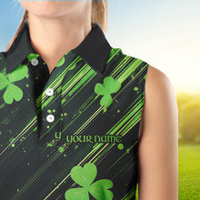 Load image into Gallery viewer, Personalized Black &amp; Green Clover pattern Women sleeveless polo shirt St Patrick Day ladies golf wear NQS9574