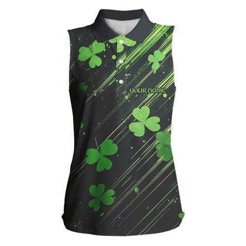 Personalized Black & Green Clover pattern Women sleeveless polo shirt St Patrick Day ladies golf wear NQS9574