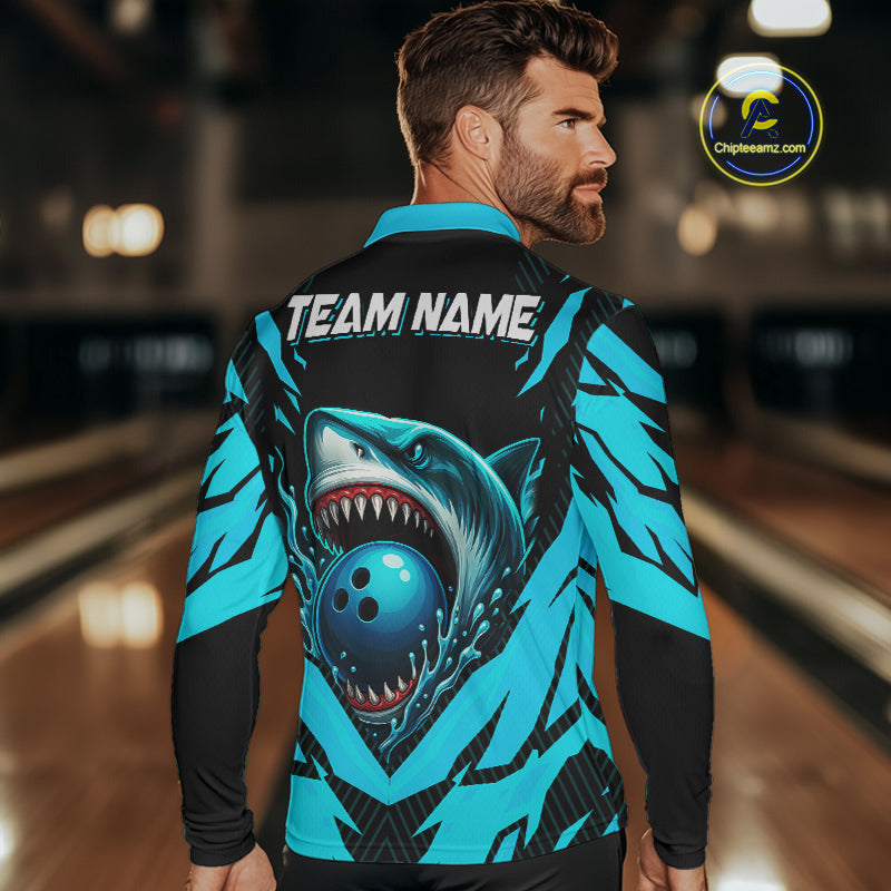 Black and Blue Mens bowling shirts Custom Blue Shark bowling team  jerseys, gifts for bowlers NQS9991