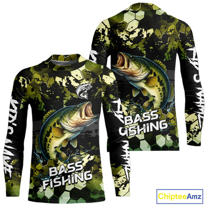 Green Camo Largemouth Bass fishing sun shirts custom name fishing shirts long sleeve uv protection NQS10284