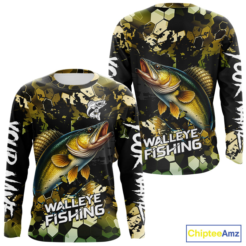 Yellow Camo Walleye fishing sun shirts custom name fishing shirts long sleeve uv protection NQS10285
