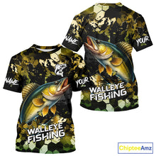 Load image into Gallery viewer, Yellow Camo Walleye fishing sun shirts custom name fishing shirts long sleeve uv protection NQS10285