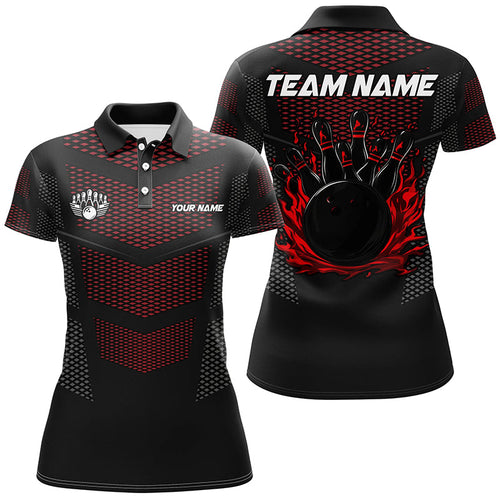 Black And Red Strike Bowling Polo, 1/4 zip Shirts For Women, Custom Name Bowling Team Jerseys NQS8314