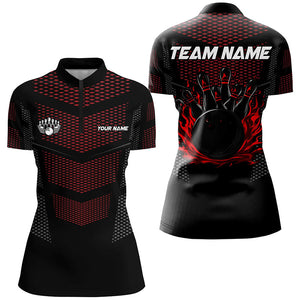 Black And Red Strike Bowling Polo, 1/4 zip Shirts For Women, Custom Name Bowling Team Jerseys NQS8314