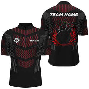 Black And Red Strike Bowling Polo, 1/4 zip Shirts For Men, Custom Name Bowling Team Jerseys NQS8314