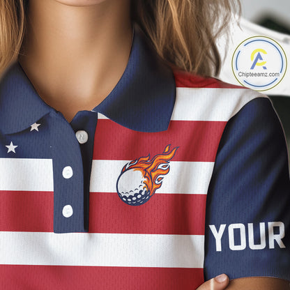 Custom American Flag Golf Polo Shirts For Women, Personalized Patriotic Ladies Golf attire NQS10500