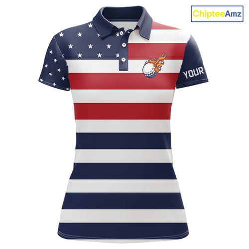 Custom American Flag Golf Polo Shirts For Women, Personalized Patriotic Ladies Golf attire NQS10500