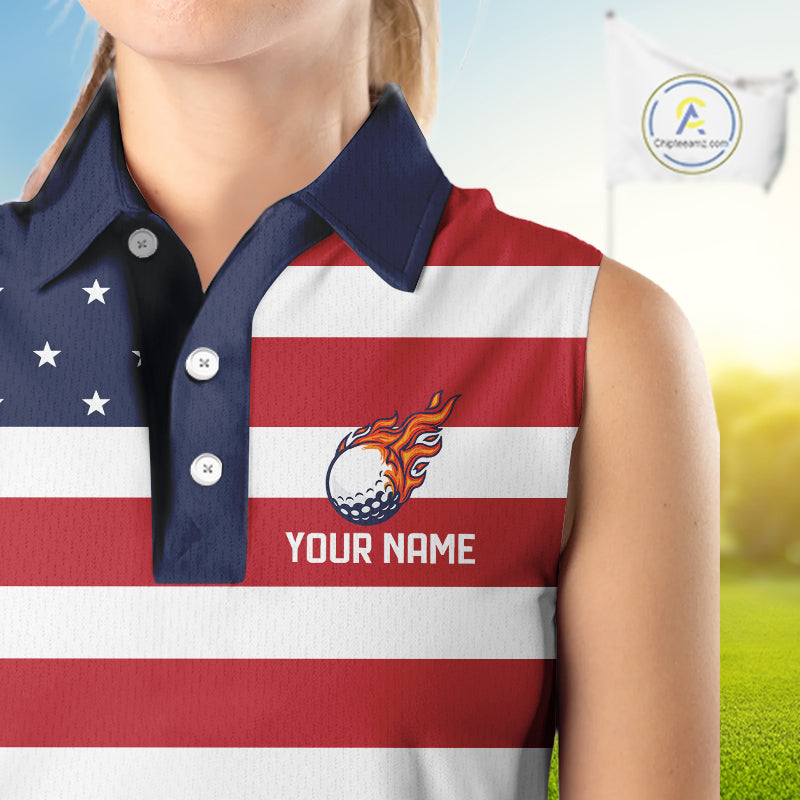 Custom American Flag Sleeveless Golf Polo Shirt, Personalized Patriotic Ladies Golf attire NQS10500