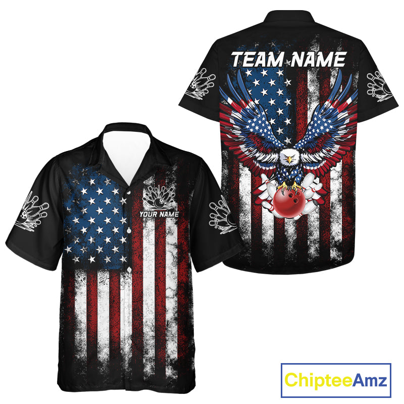 Vintage American Flag Eagle Black Bowling Hawaiian Shirt Custom Patriotic Team Bowling Shirt NQS10501