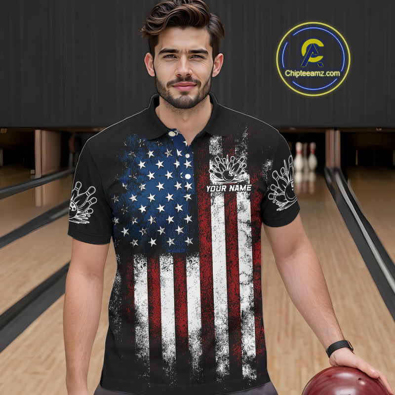 Vintage American Flag Eagle Black Bowling Shirts for Men Custom Patriotic Team Bowling Jerseys NQS10501