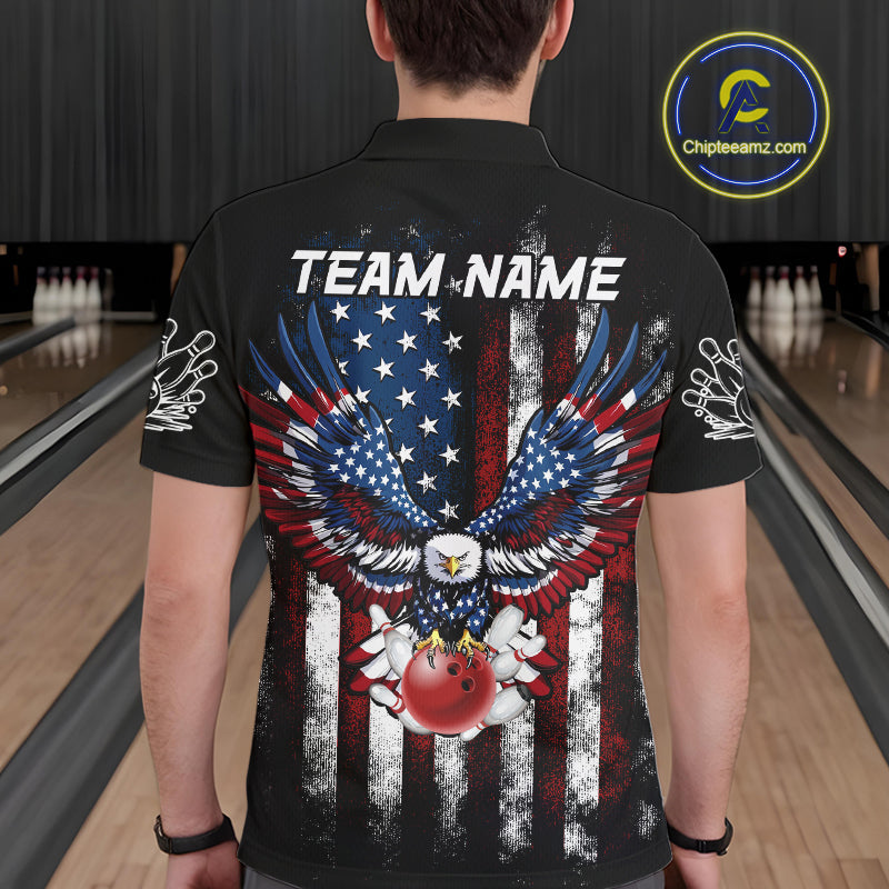 Vintage American Flag Eagle Black Bowling Shirts for Men Custom Patriotic Team Bowling Jerseys NQS10501