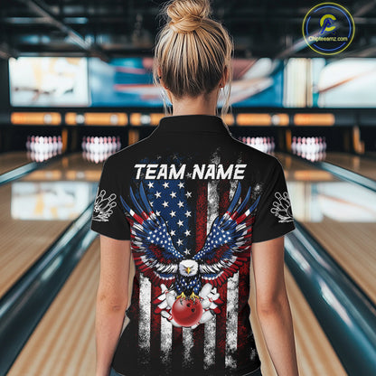 Vintage American Flag Eagle Black Bowling Shirts for Women Custom Patriotic Team Bowling Jerseys NQS10501