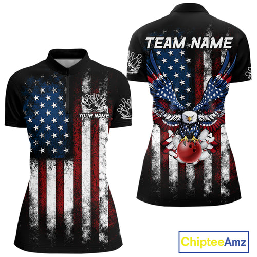 Vintage American Flag Eagle Black Bowling Shirts for Women Custom Patriotic Team Bowling Jerseys NQS10501