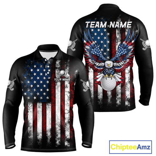 Vintage American Flag Eagle Black Golf Polo Shirts For Men Custom mens patriotic golf shirts NQS10502