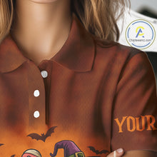 Load image into Gallery viewer, Funny Flamingo Pumpkin Golf Polo Shirt For Women Custom Halloween Golf Tops | Orange NQS10702