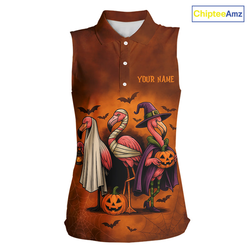 Funny Flamingo Pumpkin Sleeveless Golf Polo Shirt For Women Custom Halloween Golf Tops | Orange NQS10702
