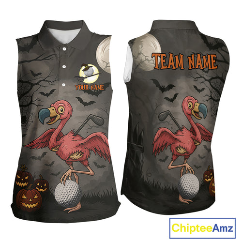 Funny Halloween Flamingo Pumpkin Women Sleeveless Golf Polo Shirt Custom Halloween Ladies Golf Tops NQS10704