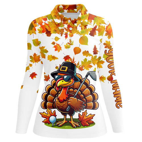 Thanksgiving autumn leaf pattern custom Women golf polo shirt, Funny Turkey golf tops for ladies NQS8748