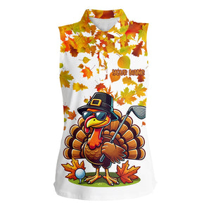 Thanksgiving autumn leaf pattern custom Women sleeveless polo shirt, Funny Turkey golf tops for ladies NQS8748