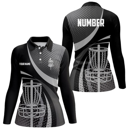 Black Grey Dot pattern disc golf basket custom Womens disc golf polo shirts, disc golf jerseys NQS8749