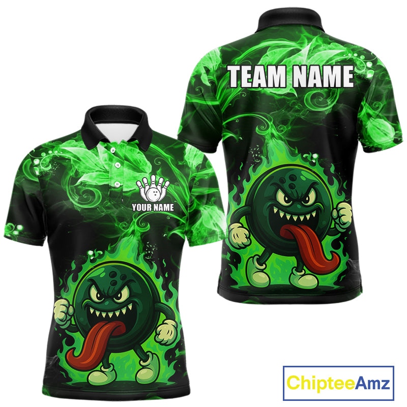Personalized Funny Bowling Shirts for Men Green Flame Custom Bowling Team Outfit, Gift For Bowlers NQS10909
