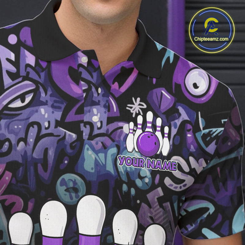 Custom Purple graffiti pattern Funny Bowling Polo, Quarter Zip Shirts For Men, Team Bowling Jersey NQS11099