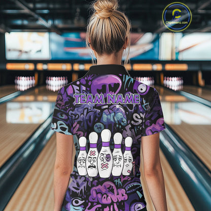 Custom Purple graffiti pattern Funny Bowling Polo, Quarter Zip Shirts For Women, Team Bowling Jersey NQS11099