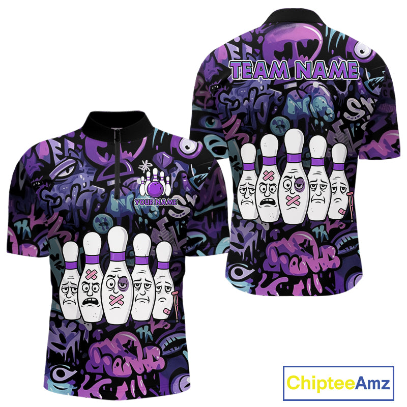 Custom Purple graffiti pattern Funny Bowling Polo, Quarter Zip Shirts For Men, Team Bowling Jersey NQS11099