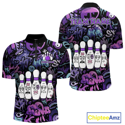 Custom Purple graffiti pattern Funny Bowling Polo, Quarter Zip Shirts For Men, Team Bowling Jersey NQS11099