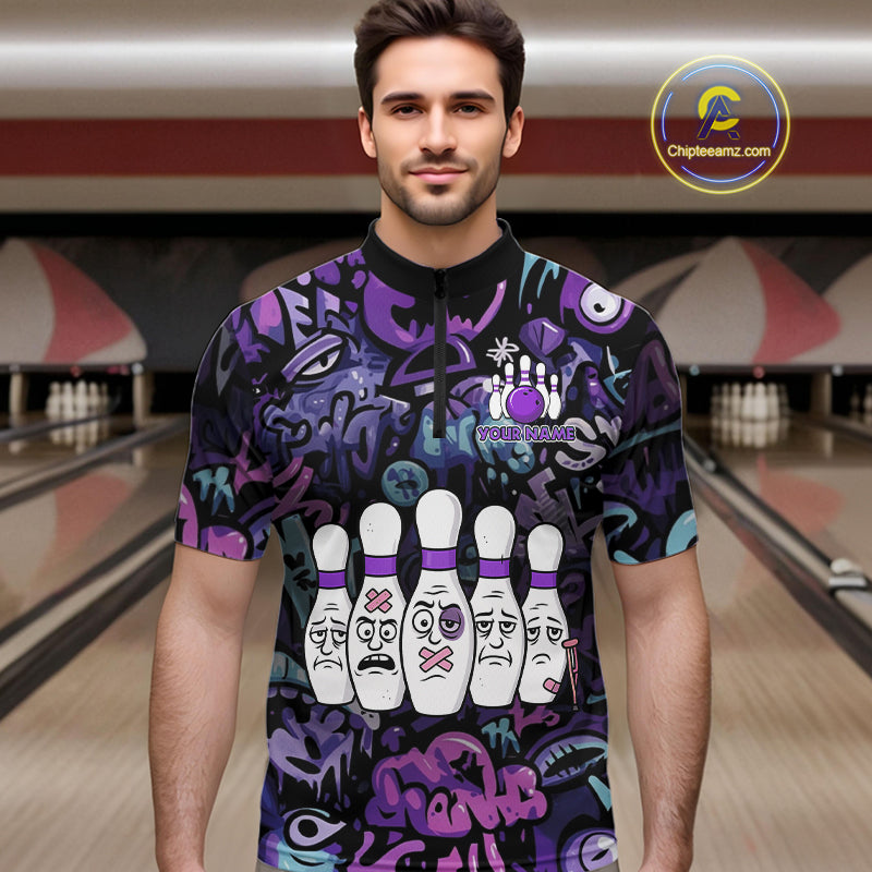 Custom Purple graffiti pattern Funny Bowling Polo, Quarter Zip Shirts For Men, Team Bowling Jersey NQS11099