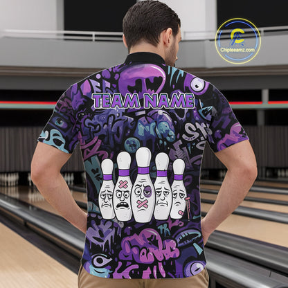 Custom Purple graffiti pattern Funny Bowling Polo, Quarter Zip Shirts For Men, Team Bowling Jersey NQS11099