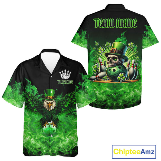 Green Flame Smoke St Patrick Day Eagle Skull Bowling Hawaiian shirt Custom Lucky Bowling Team Jersey NQS11286
