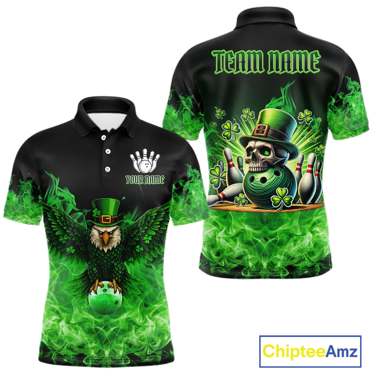 Green Flame Smoke St Patrick's Day Eagle Skull Men's Bowling Shirts Custom Lucky Bowling Team Jersey NQS11286