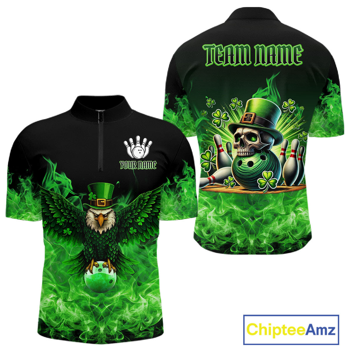 Green Flame Smoke St Patrick's Day Eagle Skull Men's Bowling Shirts Custom Lucky Bowling Team Jersey NQS11286