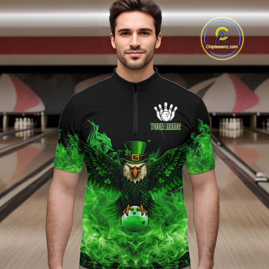 Green Flame Smoke St Patrick's Day Eagle Skull Men's Bowling Shirts Custom Lucky Bowling Team Jersey NQS11286