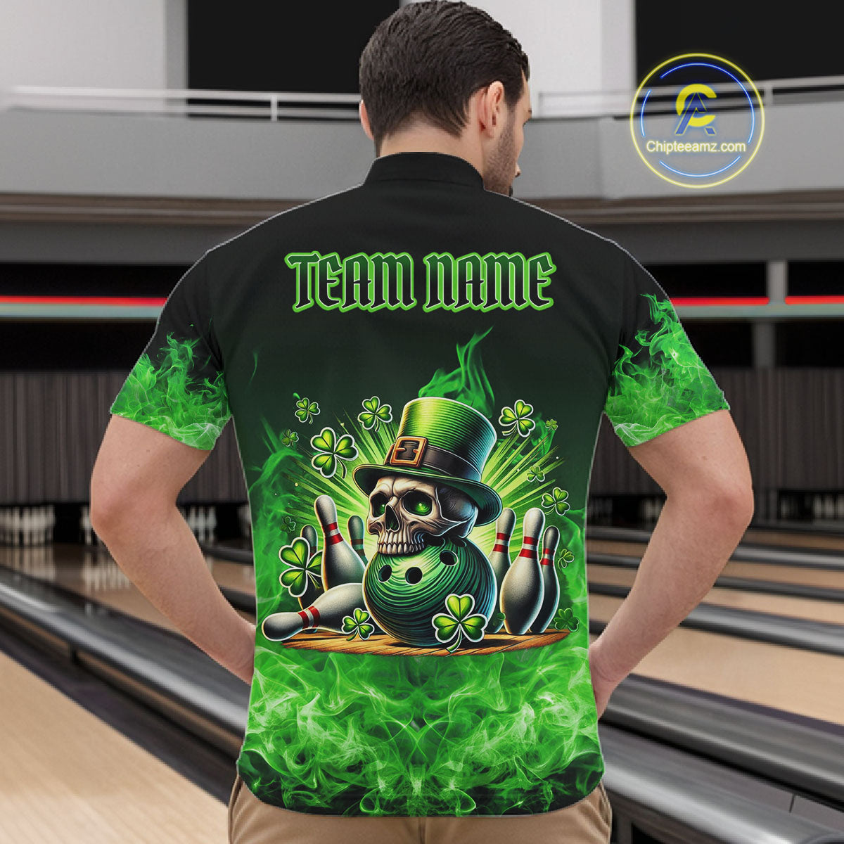 Green Flame Smoke St Patrick's Day Eagle Skull Men's Bowling Shirts Custom Lucky Bowling Team Jersey NQS11286