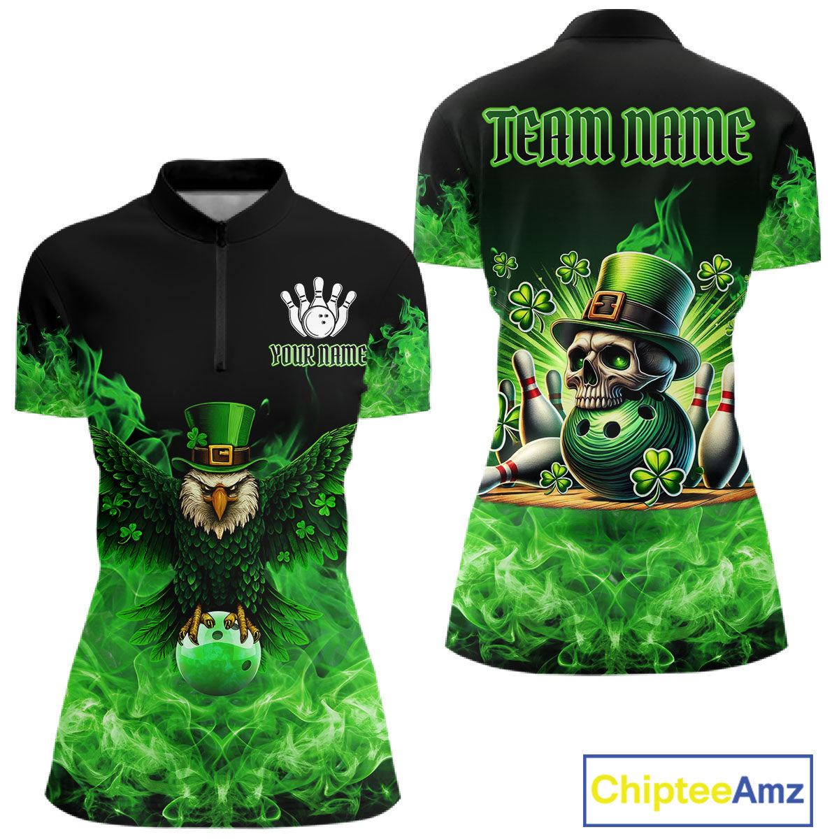 Green Flame Smoke St Patrick's Day Eagle Skull Women's Bowling Shirt Custom Lucky Bowling Team Jersey NQS11286