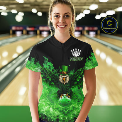 Green Flame Smoke St Patrick's Day Eagle Skull Women's Bowling Shirt Custom Lucky Bowling Team Jersey NQS11286