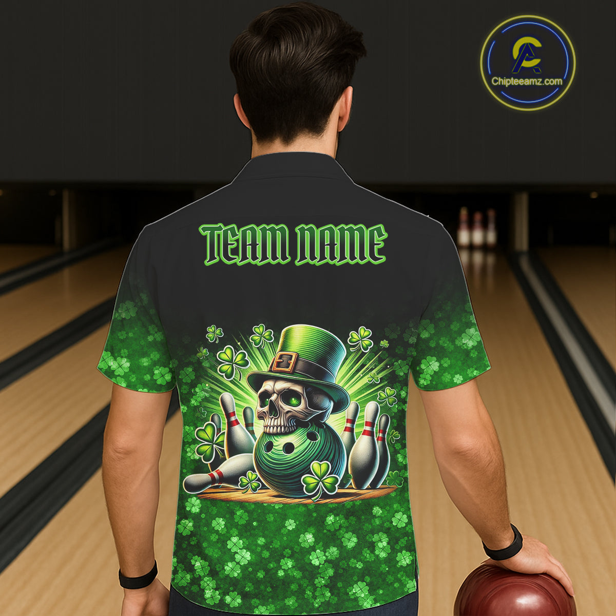 Green shamrock St Patrick's Day Eagle Skull Bowling Hawaiian shirt Custom Lucky Bowling Team Jersey NQS11287