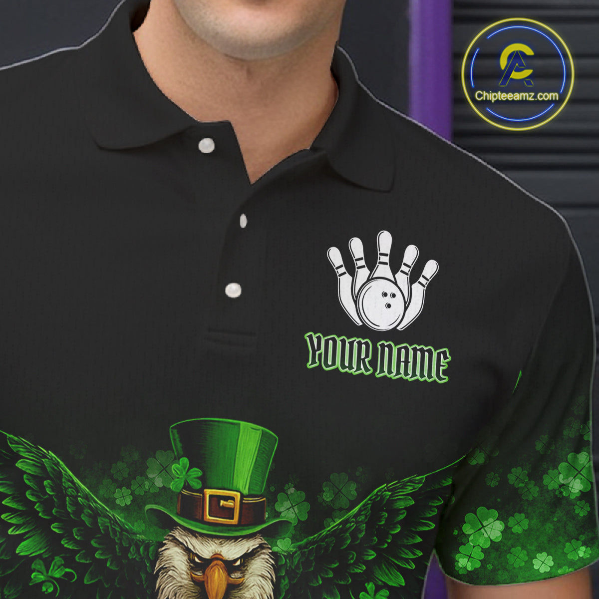 Green shamrock St Patrick's Day Eagle Skull Men's Bowling Shirts Custom Lucky Bowling Team Jersey NQS11287