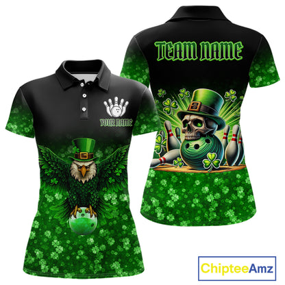 Green shamrock St Patrick's Day Eagle Skull Women's Bowling Shirts Custom Lucky Bowling Team Jersey NQS11287