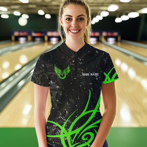 Black & Green Camo Bowling Polo, Quarter Zip Shirt For Women Custom Team Bowling Jersey bowler outfit NQS9418