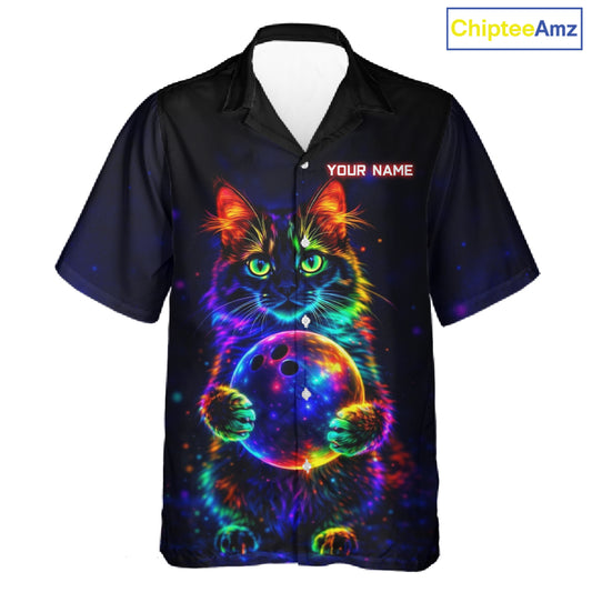 Neon Cat Hawaiian Bowling shirts Custom Team Bowling Apparel, best bowling shirts NQS11516