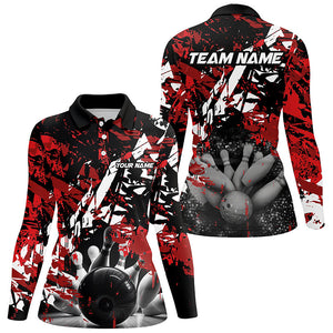 Black and red camo bowling ball and pins custom Womens Bowling Polo Shirts, team bowling jerseys NQS7507