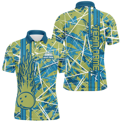 Green flame bowling ball camo custom Men Bowling Polo Shirts, team bowling jerseys gift for bowler NQS7508